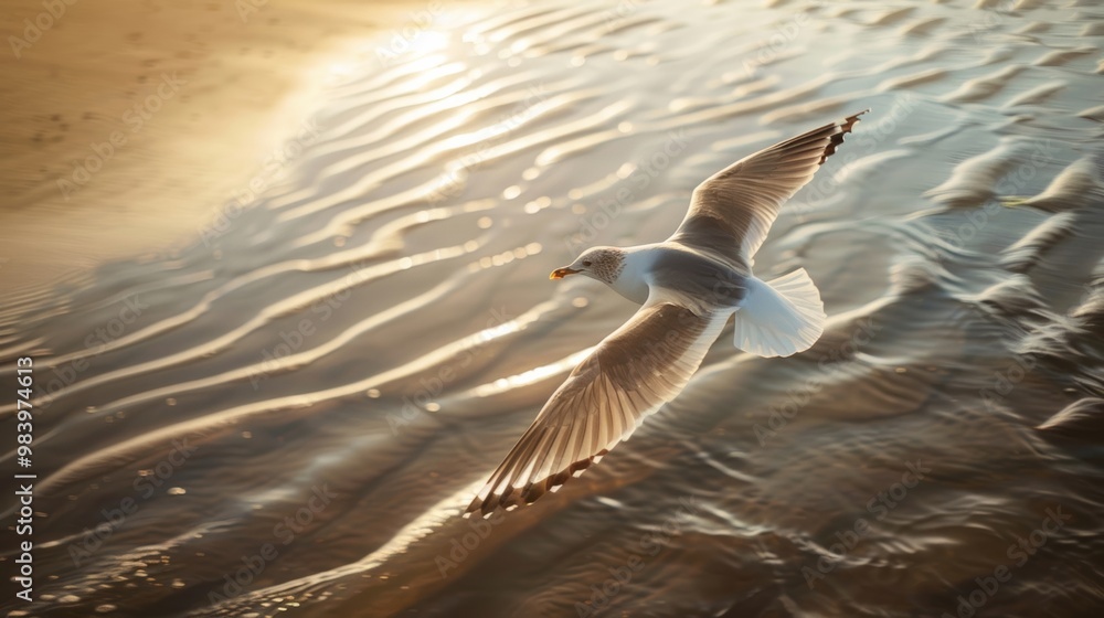 Fototapeta premium A seagull gliding over gentle waves during sunset, capturing the beauty of nature and tranquility by the beach.
