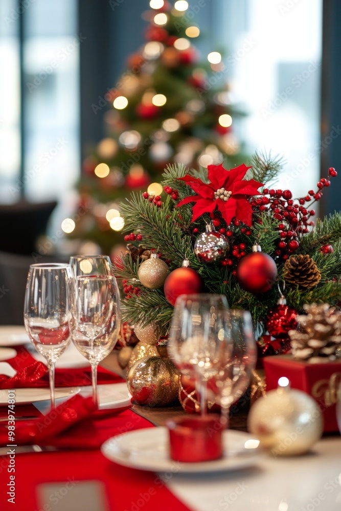 Elegant Christmas dinner table setting with red and gold decorations, candles, and greenery, set in front of a Christmas tree with glowing bokeh lights. Elegant Christmas dinner table setting with red and gold decorations, candles, and greenery, set in front of a Christmas tree with glowing bokeh lights.