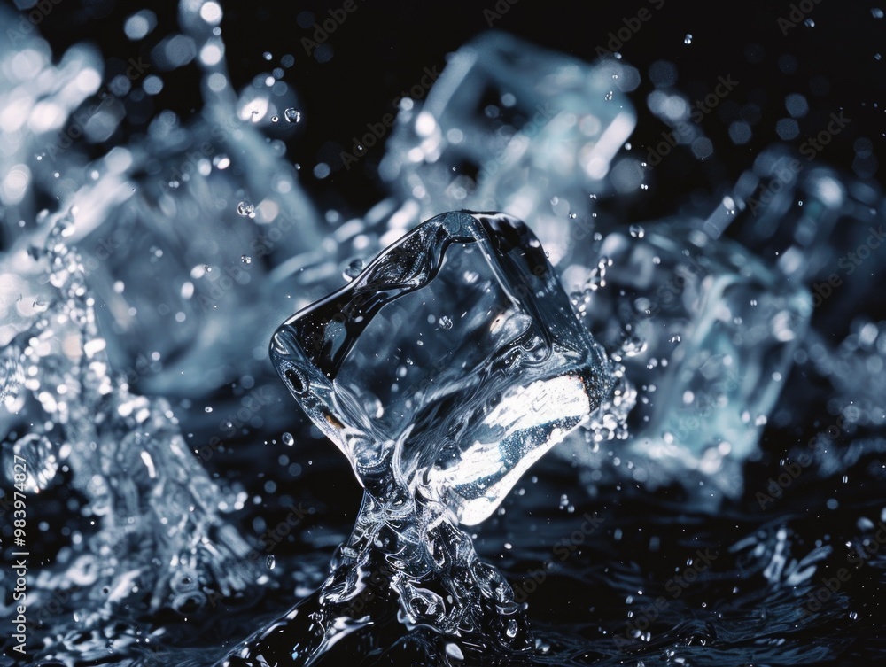 Close-up of water droplets splashing around ice cubes in a dark setting, capturing the beauty and science behind the phenomenon. Close-up of water droplets splashing around ice cubes in a dark setting, capturing the beauty and science behind the phenomenon.