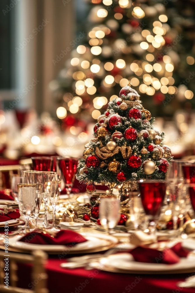 Elegant Christmas dinner table setting with red and gold decorations, candles, and greenery, set in front of a Christmas tree with glowing bokeh lights.