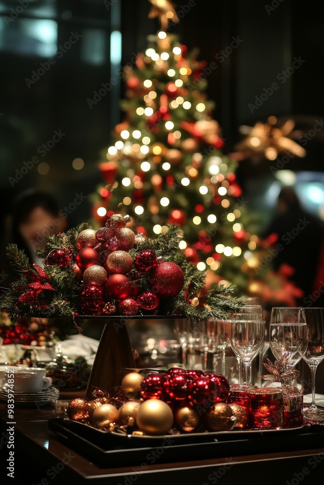 Elegant Christmas dinner table setting with red and gold decorations, candles, and greenery, set in front of a Christmas tree with glowing bokeh lights. Elegant Christmas dinner table setting with red and gold decorations, candles, and greenery, set in front of a Christmas tree with glowing bokeh lights.