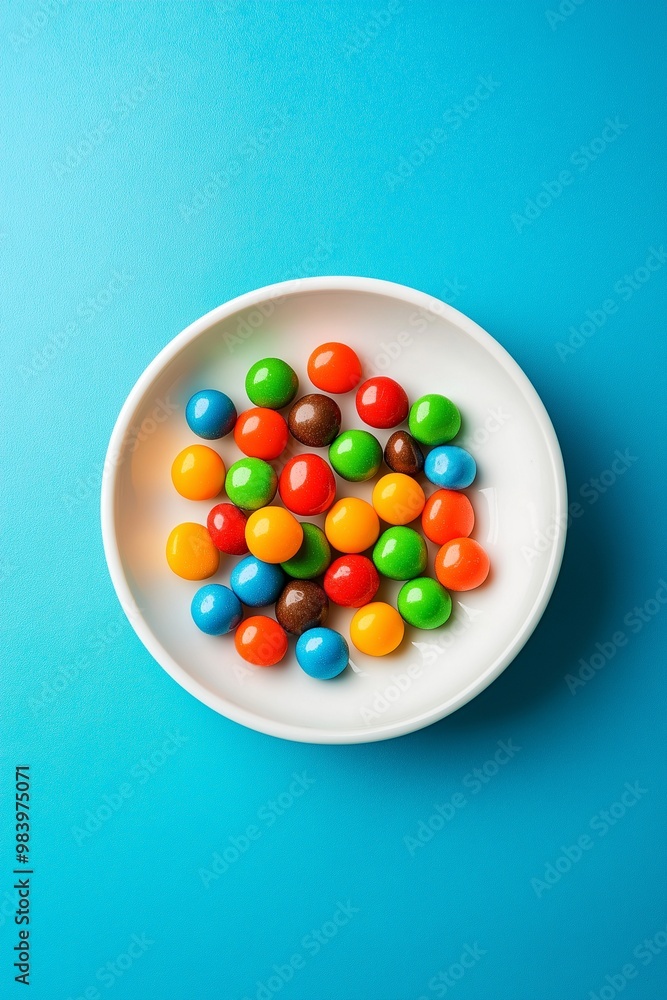 Colorful candies on a white plate against a blue background Colorful candies on a white plate against a blue background