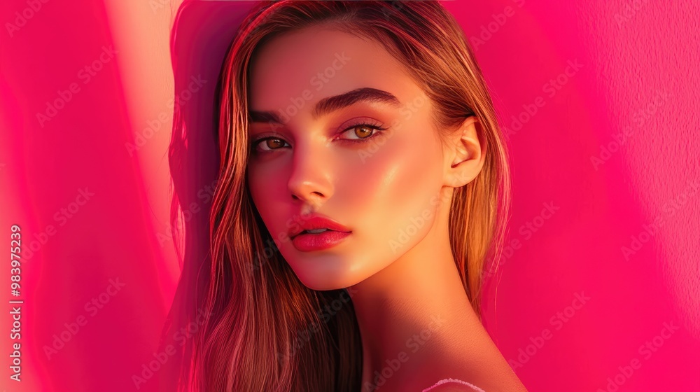 Close-up Portrait of a Woman with Long Blonde Hair Against a Pink Background