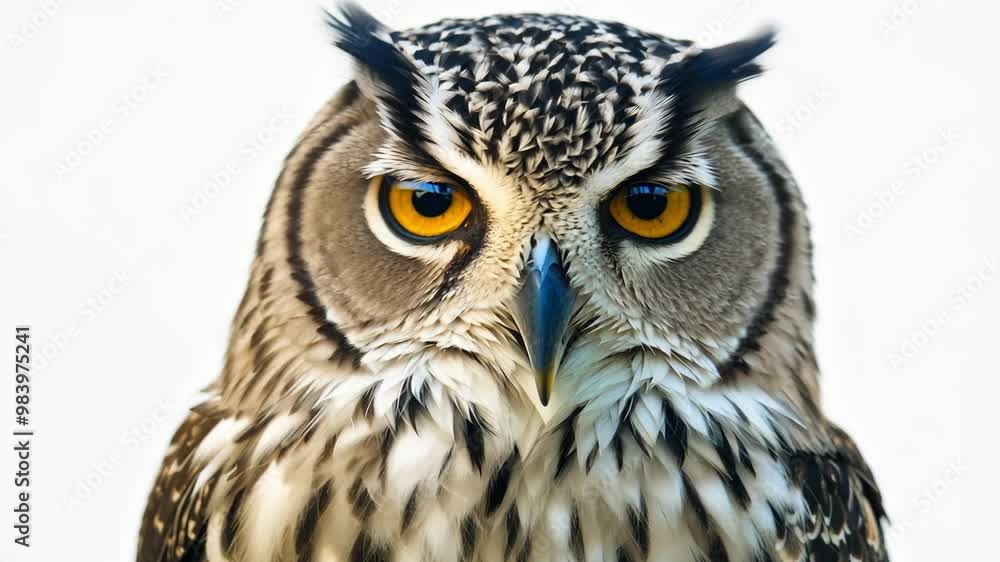 Majestic owl staring with intense yellow eyes against white background Majestic owl staring with intense yellow eyes against white background