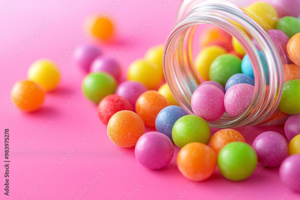 Colorful candies spilling out of an open jar on a pink background Colorful candies spilling out of an open jar on a pink background
