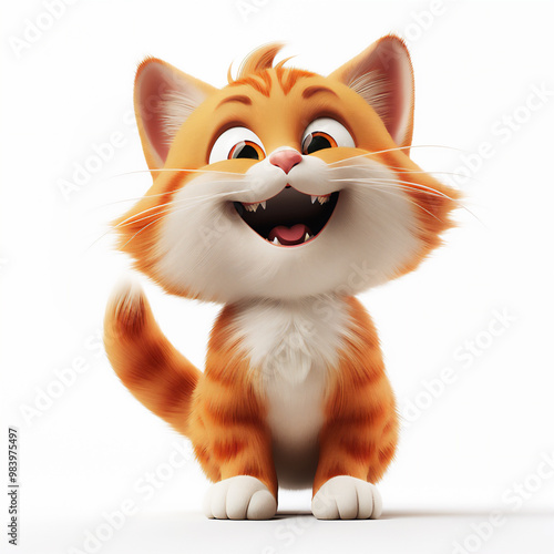 A cute 3d cartoon character of a happy cat, white background, cute and sweet