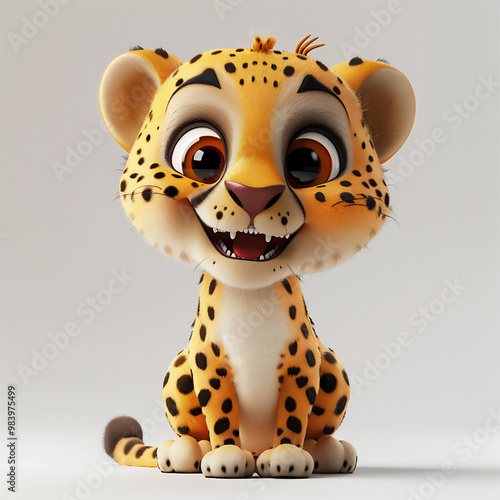 A cute 3d cartoon character of a happy cheetah, white background, cute and sweet