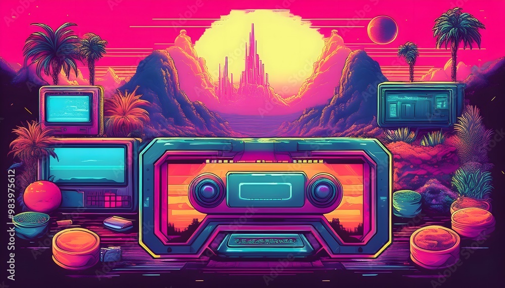 Fototapeta premium Colorful pixel art with 90s video game elements