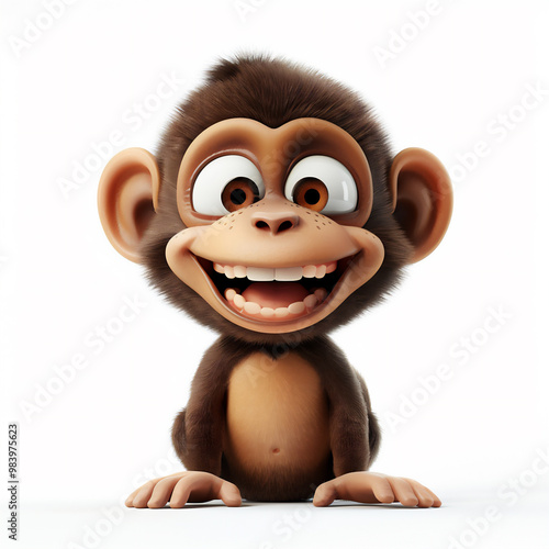 A cute 3d cartoon character of a happy monkey, white background, cute and sweet