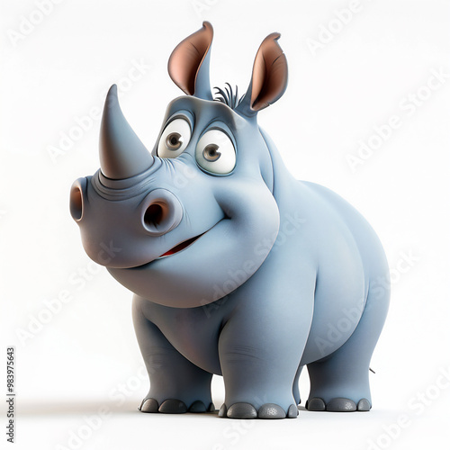 A cute 3d cartoon character of a happy rhino, white background, cute and sweet
