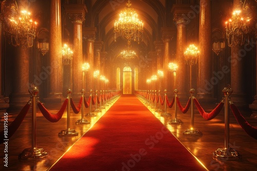 A glamorous red carpet scene in a grand hall, illuminated by luxurious golden lights.