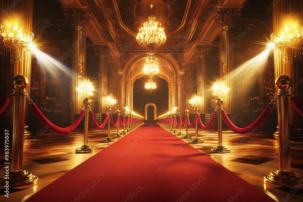 A glamorous red carpet scene in a grand hall, illuminated by luxurious golden lights. A glamorous red carpet scene in a grand hall, illuminated by luxurious golden lights.