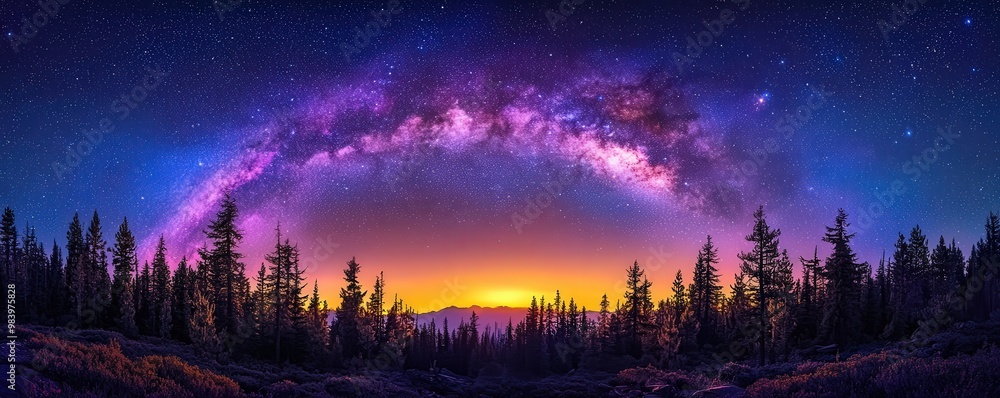 A breathtaking scene of black forest silhouettes stretching across the horizon, their jagged outlines cutting into the starry sky. Above, the Milky Way unfurls in a mesmerizing display of purples and A breathtaking scene of black forest silhouettes stretching across the horizon, their jagged outlines cutting into the starry sky. Above, the Milky Way unfurls in a mesmerizing display of purples and