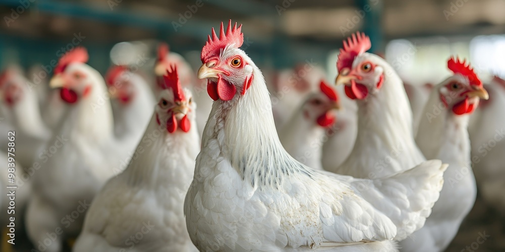 Fototapeta premium Birds clustered together, in a group. Chickens looking at camera.