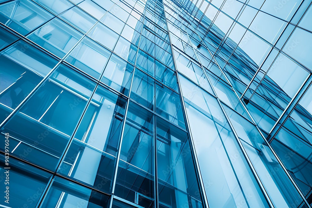 Modern interior of a glass building with a blue hue and reflective surfaces during the day, A serene, blurred image of a glass wall in a modern business office building with soft bokeh lights. Modern interior of a glass building with a blue hue and reflective surfaces during the day, A serene, blurred image of a glass wall in a modern business office building with soft bokeh lights.