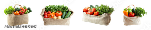 Set, collection of Grocery bag filled with vegetables isolated on transparent background.