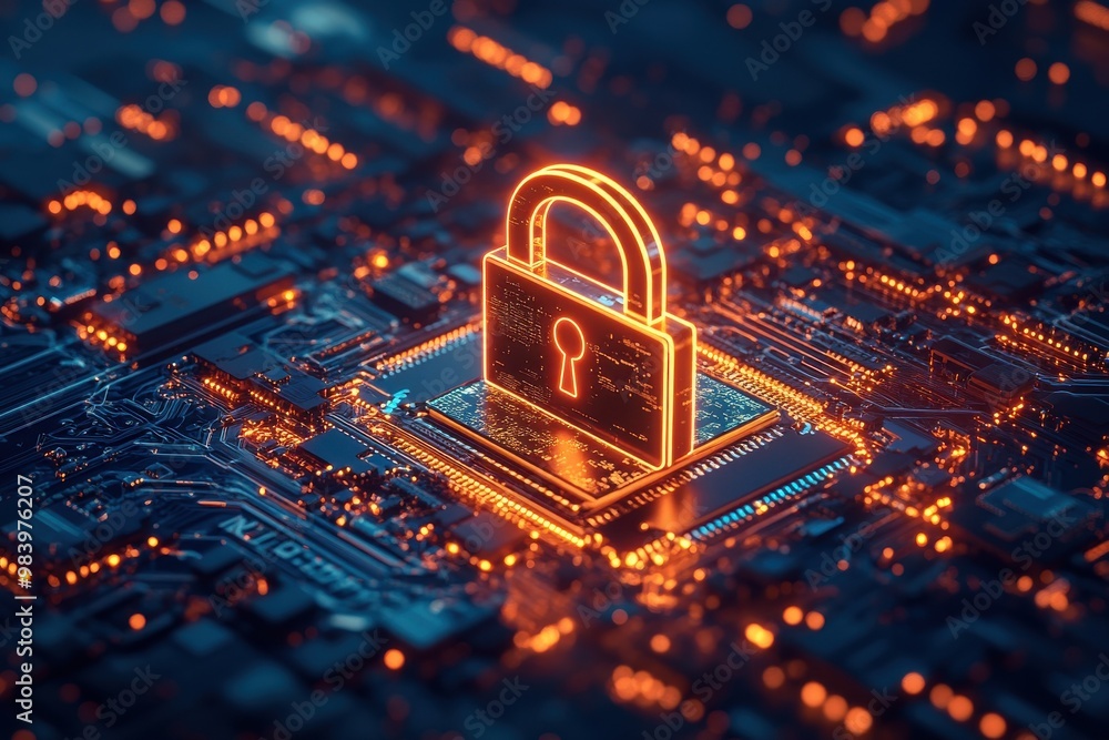 A glowing digital padlock sits on top of a circuit board, illuminated by bright orange and blue A glowing digital padlock sits on top of a circuit board, illuminated by bright orange and blue