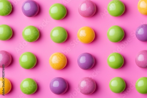 Colorful Skittles candies on a pink background 