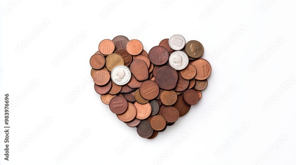 Heart shape made of assorted coins on white background. Heart shape made of assorted coins on white background.