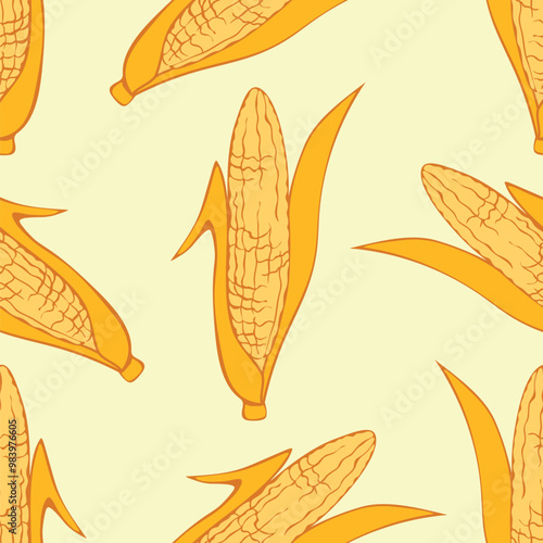Maize Seamless pattern. Vector Vegetable background. Hand drawn doodle Corn cobs and corn grains