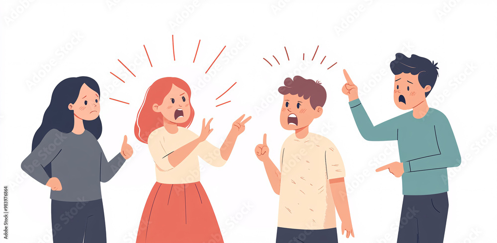 Group of people arguing and pointing fingers during a heated discussion, showing frustration, disagreement, emotional conflict, social interaction, and miscommunication in a tense conversation Group of people arguing and pointing fingers during a heated discussion, showing frustration, disagreement, emotional conflict, social interaction, and miscommunication in a tense conversation