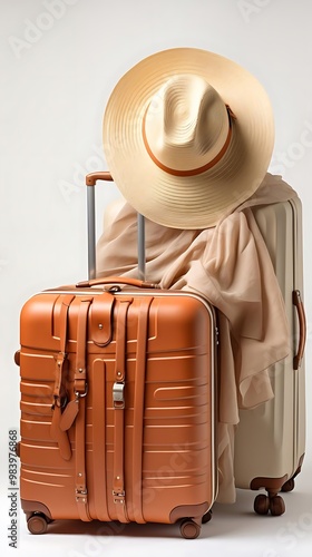 A stylish travel scene featuring two suitcases and a straw hat, evoking wanderlust.