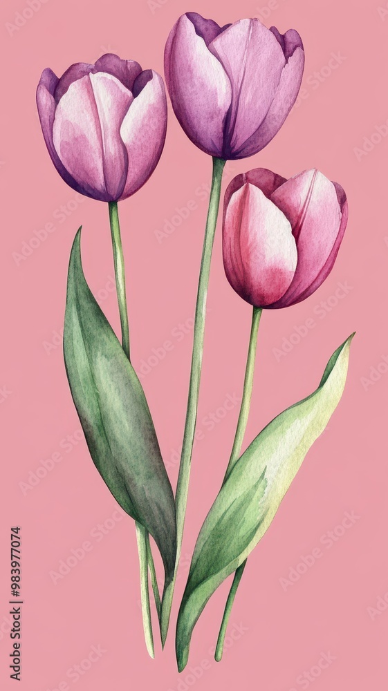 Fototapeta premium Watercolor purple tulips pattern and seamless background,watercolor spring tulip flowers. Stock illustration,beautiful floral set,cute illustration print fabric,abstract colorful wallpaper.