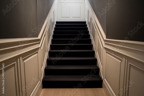 Black carpet steps and narrow hallway of luxury home with wooden floor.