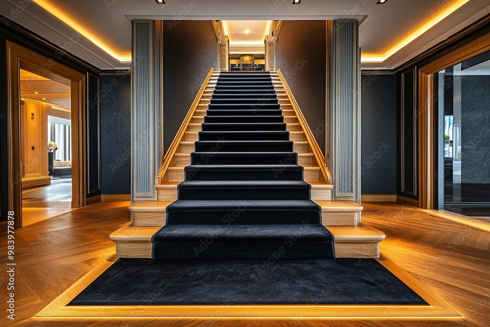 Obraz premium Black carpet steps and narrow hallway of luxury home with wooden floor.