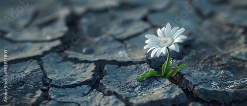 A solitary flower blooms in a cracked, dry landscape, symbolizing resilience and hope.