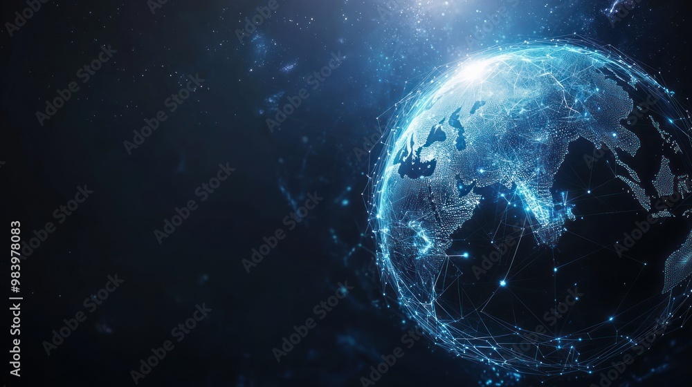 Obraz premium Abstract digital planet Earth with network connections on a blue background, a global communication and technology concept. Space view of the Earth in space. generated ai