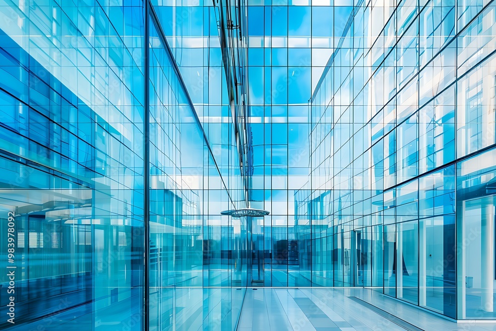 Modern interior of a glass building with a blue hue and reflective surfaces during the day, A serene, blurred image of a glass wall in a modern business office building with soft bokeh lights. Modern interior of a glass building with a blue hue and reflective surfaces during the day, A serene, blurred image of a glass wall in a modern business office building with soft bokeh lights.