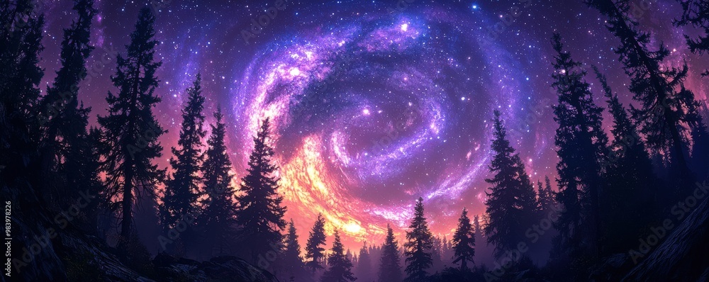 Obraz premium A dramatic view of dark, towering pines silhouetted against a purple night sky. The Milky Way stretches across the heavens, its brilliant swirls of light contrasting with the inky blackness of the