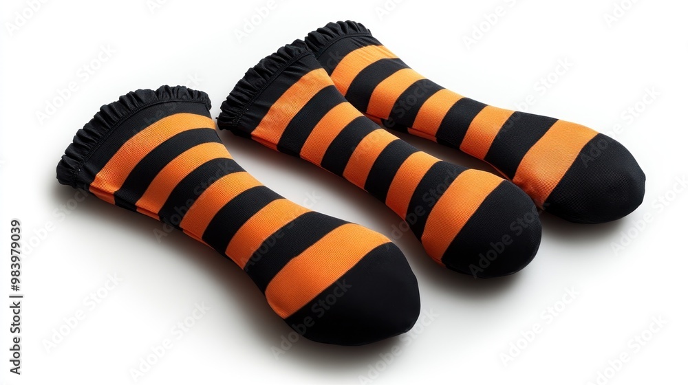 Three pairs of black and orange striped socks with ruffled tops. Three pairs of black and orange striped socks with ruffled tops.