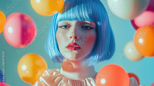 A Woman with Blue Hair Surrounded by Colorful Balloons photo