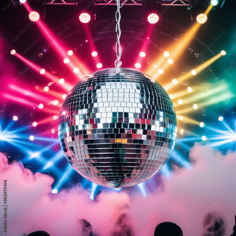Obraz premium Disco ball with bright rays, night party background photo