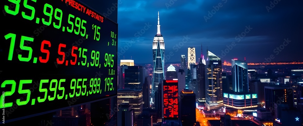 A vibrant image showcasing a digital stock market ticker scrolling across the frame, prominently displaying fluctuating stock values in bright green and red. A vibrant image showcasing a digital stock market ticker scrolling across the frame, prominently displaying fluctuating stock values in bright green and red.