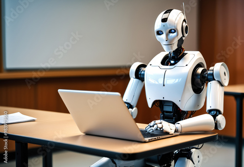Humanoid robot using laptop...