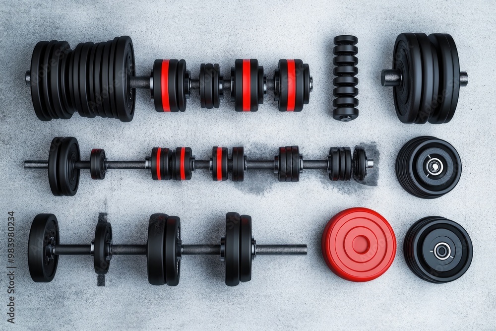 Gym equipment, a dumbbell set with kettlebells and bars for home fitness workout training Gym equipment, a dumbbell set with kettlebells and bars for home fitness workout training