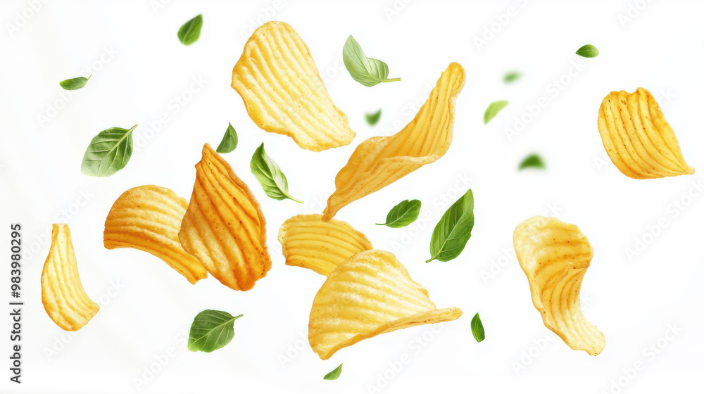 Golden crispy chips with the taste of fresh greens on a white background. Fast food. A handful of potato chips with green leaves floating in the air. The concept of freedom and lightness Golden crispy chips with the taste of fresh greens on a white background. Fast food. A handful of potato chips with green leaves floating in the air. The concept of freedom and lightness