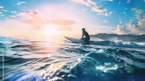 A creative background for the exciting outdoor activity of surfing on the sea. The background shows the vast expanse of the ocean with its powerful waves