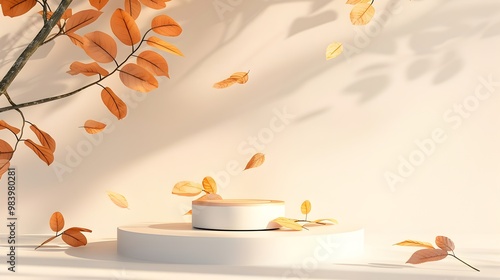 3d white platforms with autumn leaves and sunbeams. Suitable for autumnthemed designs, nature concepts, and minimalist backgrounds in marketing. photo