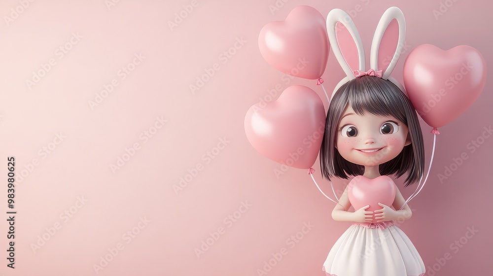 Charming 3D Girl with Heart-Shaped Balloons in Pink Bunny Dress and Purple Bow on White Background Charming 3D Girl with Heart-Shaped Balloons in Pink Bunny Dress and Purple Bow on White Background