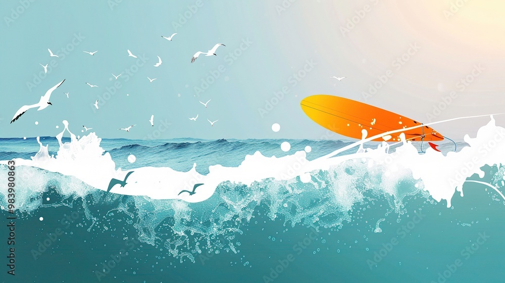 A creative background for the exciting outdoor activity of surfing on the sea. The background shows the vast expanse of the ocean with its powerful waves A creative background for the exciting outdoor activity of surfing on the sea. The background shows the vast expanse of the ocean with its powerful waves