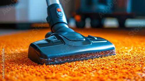 Modern Vacuum Cleaner on Vibrant Orange Carpet in Cozy Home Environment, Close-Up of Cleaning Process, Ideal for Home Care and Maintenance Concepts photo