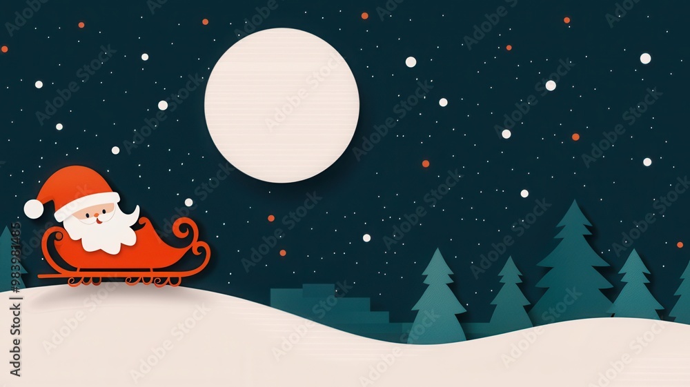 A whimsical illustration of Santa Claus in a sleigh, gliding through a snowy landscape under a full moon and twinkling stars. A whimsical illustration of Santa Claus in a sleigh, gliding through a snowy landscape under a full moon and twinkling stars.