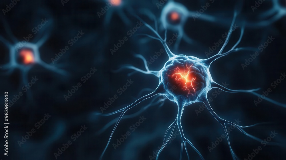 Neurons in distress, surrounded by a dark halo, Ischemic Stroke, neurological condition visualization Neurons in distress, surrounded by a dark halo, Ischemic Stroke, neurological condition visualization