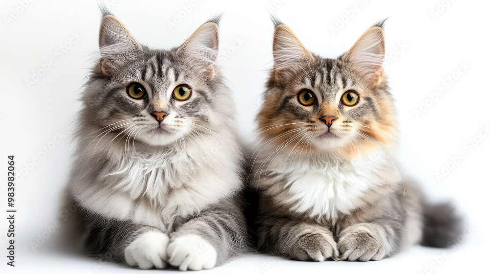 Elegant Long Fur Grey and Tabby Cats on White Background in Studio, Fluffy Pet Animal Concept, Adorable Feline Companions, Perfect for Pet Lovers and Animal Themed Decor, High-Quality Cat Stock Photo Elegant Long Fur Grey and Tabby Cats on White Background in Studio, Fluffy Pet Animal Concept, Adorable Feline Companions, Perfect for Pet Lovers and Animal Themed Decor, High-Quality Cat Stock Photo