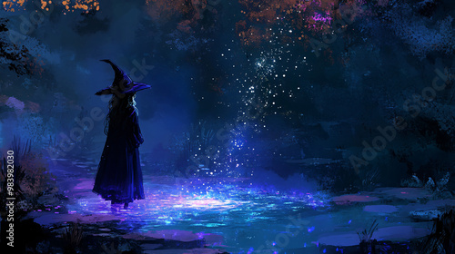 A witch calling down starlight to fill a magical pool, the water glowing with celestial energy. photo