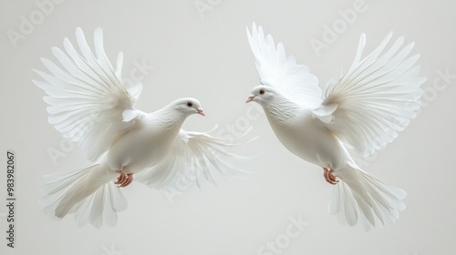 Two white doves in flight against a soft background.